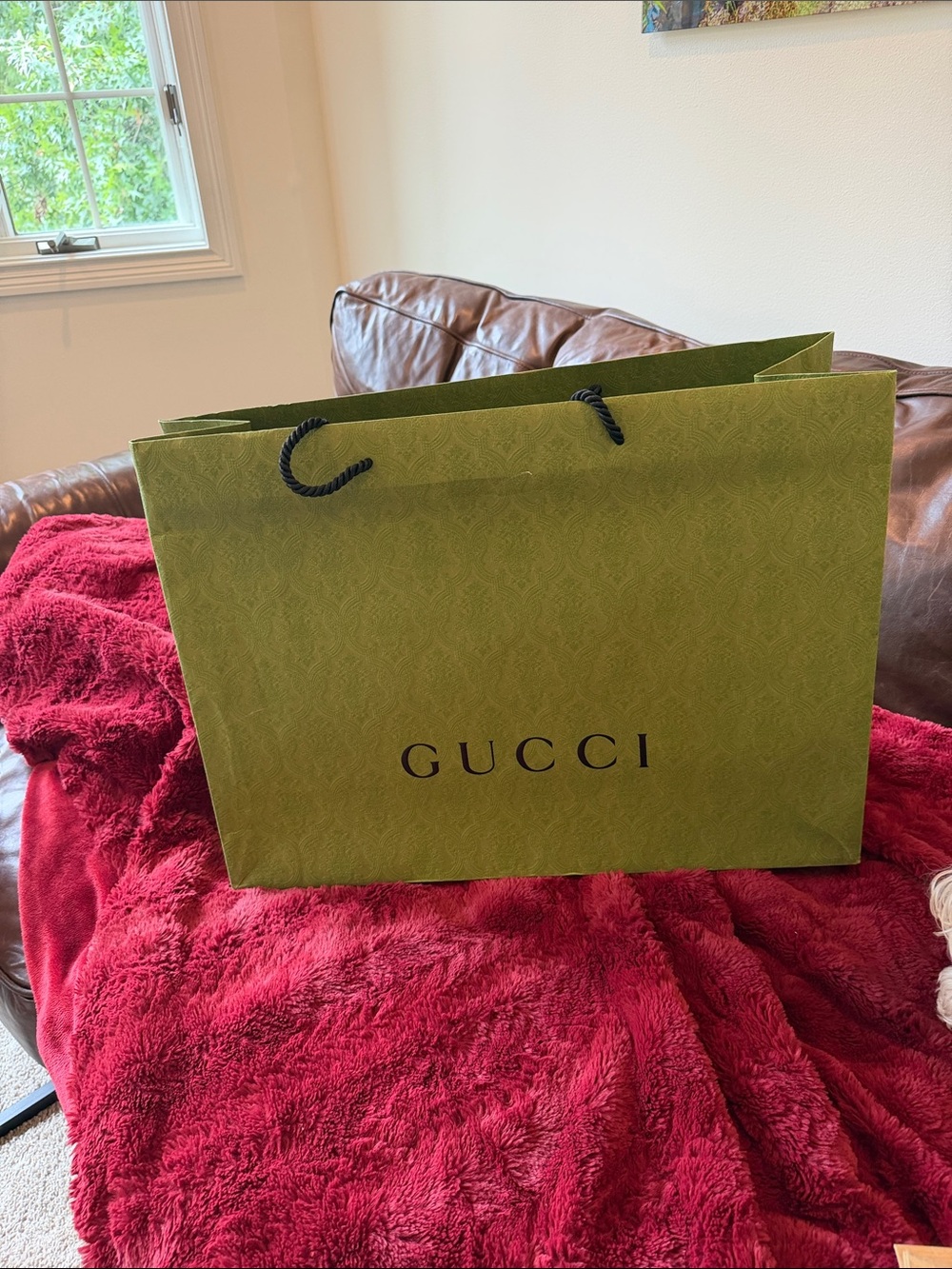 Gucci Olive Green Paper Shopping Tote with Black Rope Handles